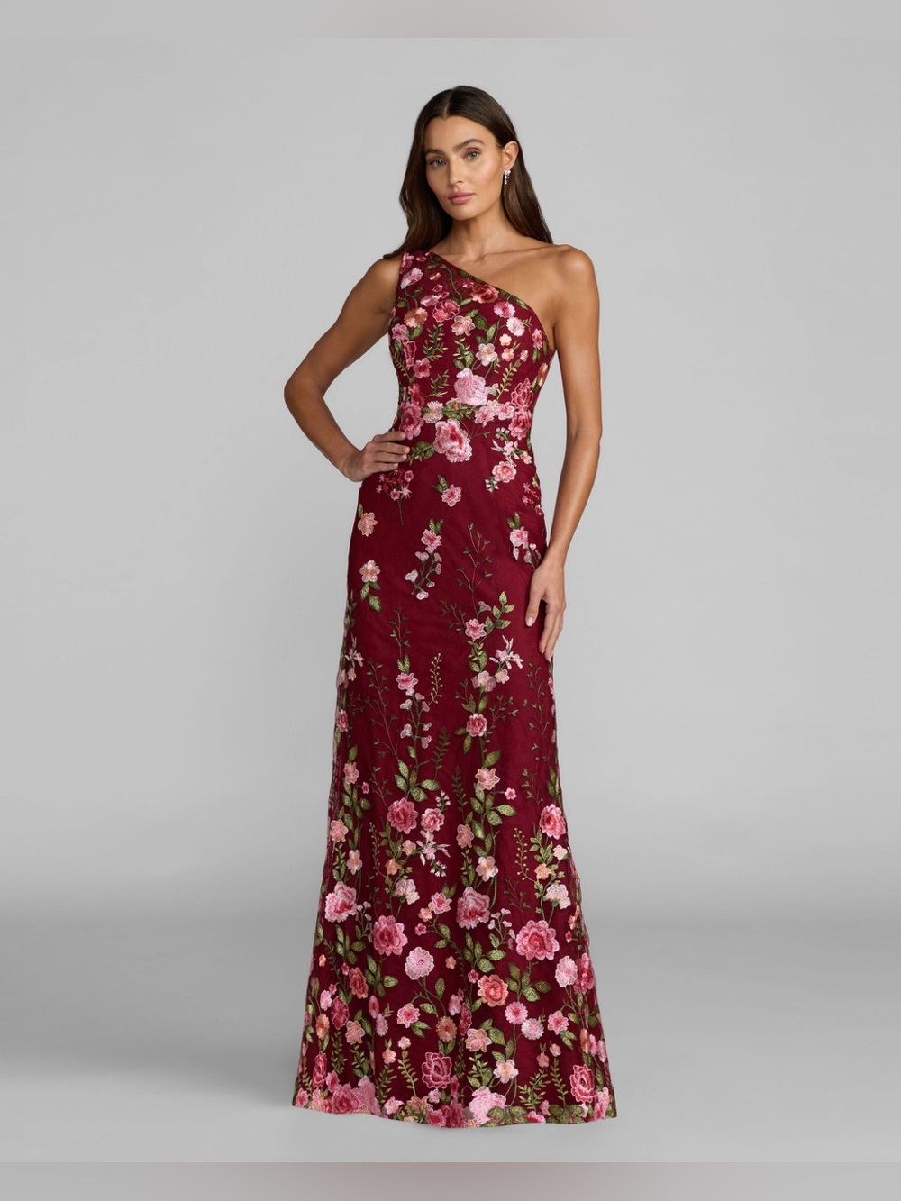 Red One Shoulder Floral Embroidered Gown Size 10